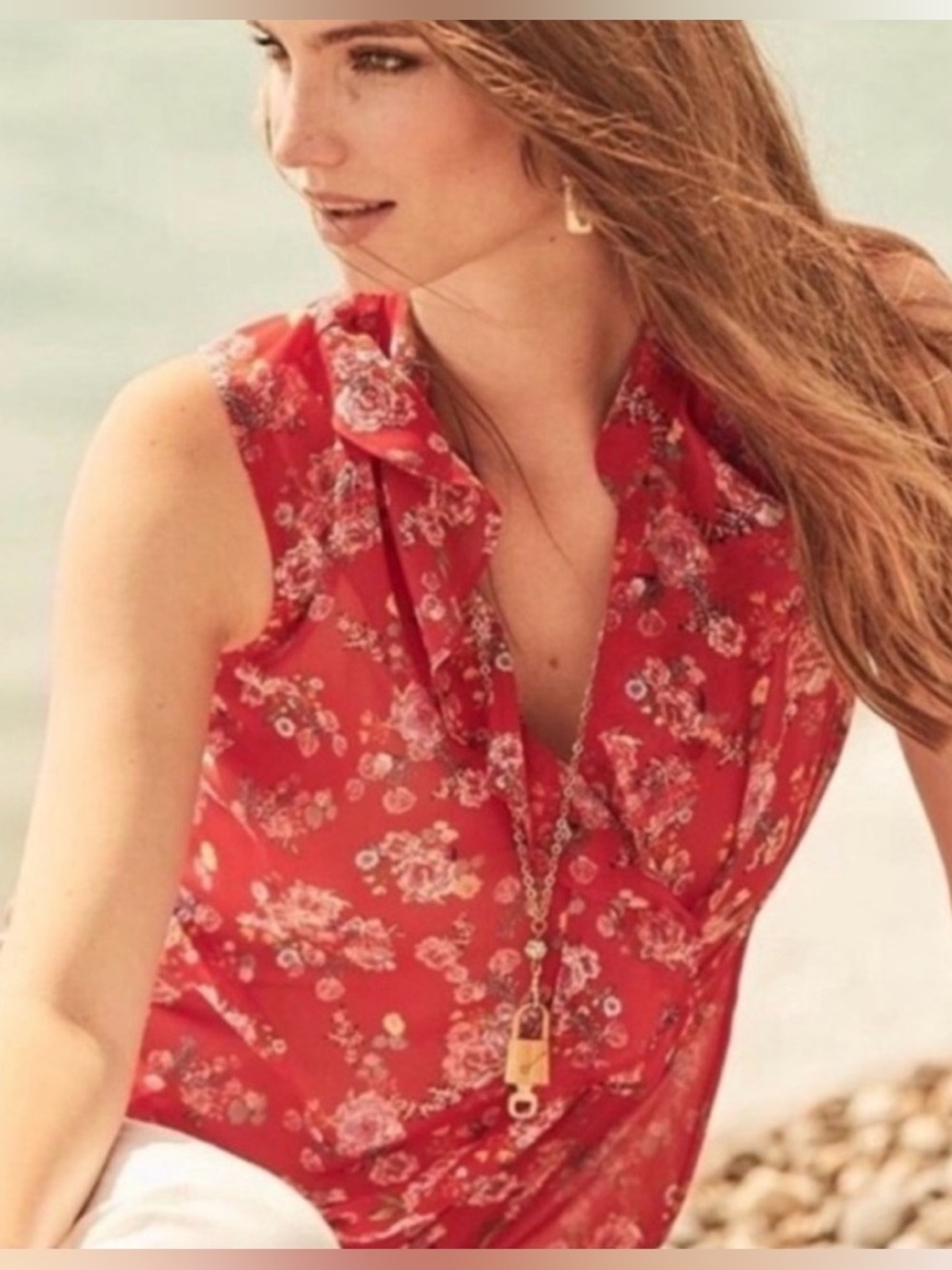 Cabi Crush Red Floral Ruffle Blouse top Sheer Ruffle sleeveless Summer Fall XS
